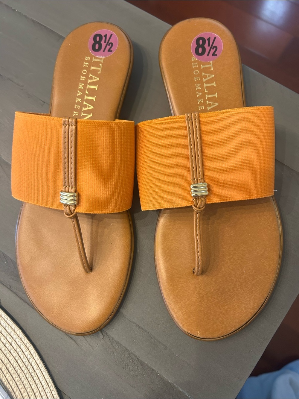 Italian Shoemakers Orange Wide-Band Slide Sandals with Tan Footbed